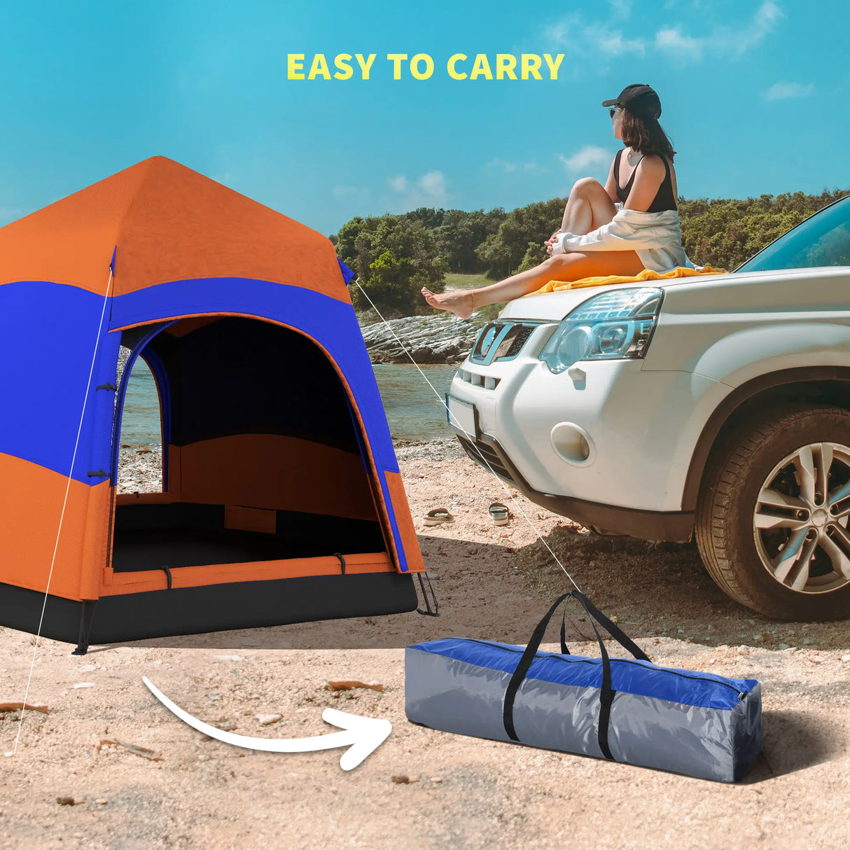 Outsunny Six Man Hexagon Camping Tent with Hang Hook and Carry Bag - Orange and Blue