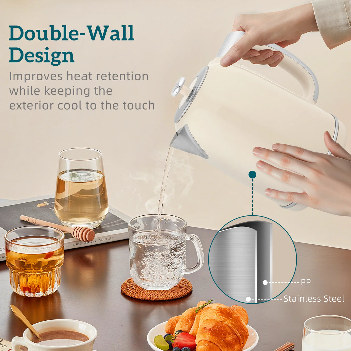 HOMCOM Polished Retro 40-100C Kettle and Toaster Set - Cream