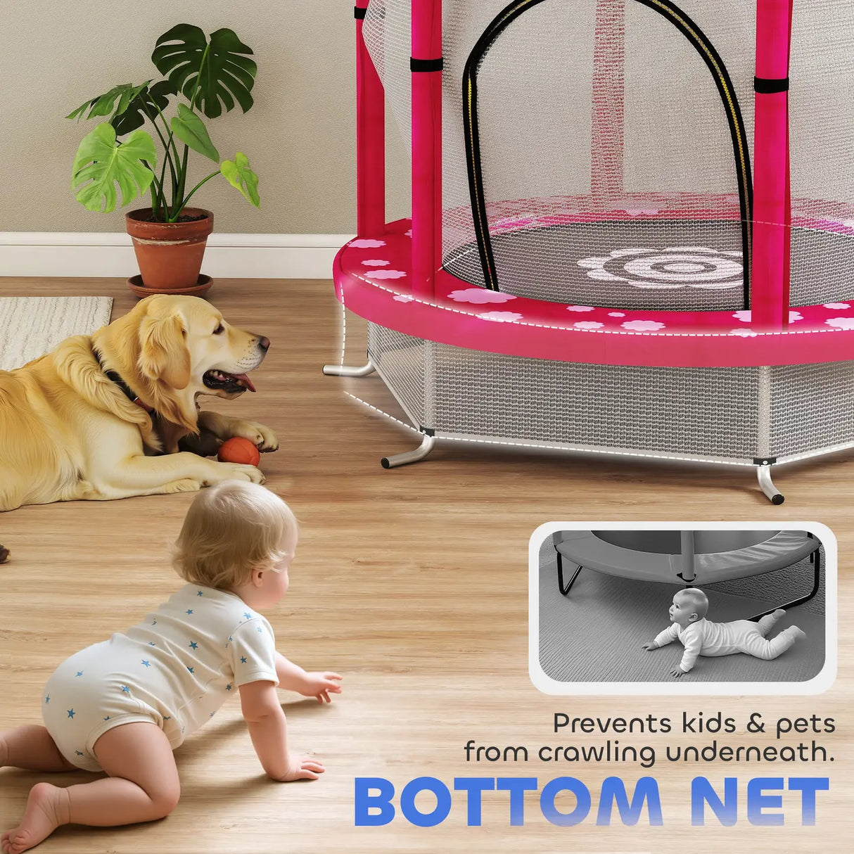 AIYAPLAY 4.6ft Toddler Trampoline w/ Safety Enclosure Net, for Indoor Outdoor Use, Ages 3-6 Years, Pink