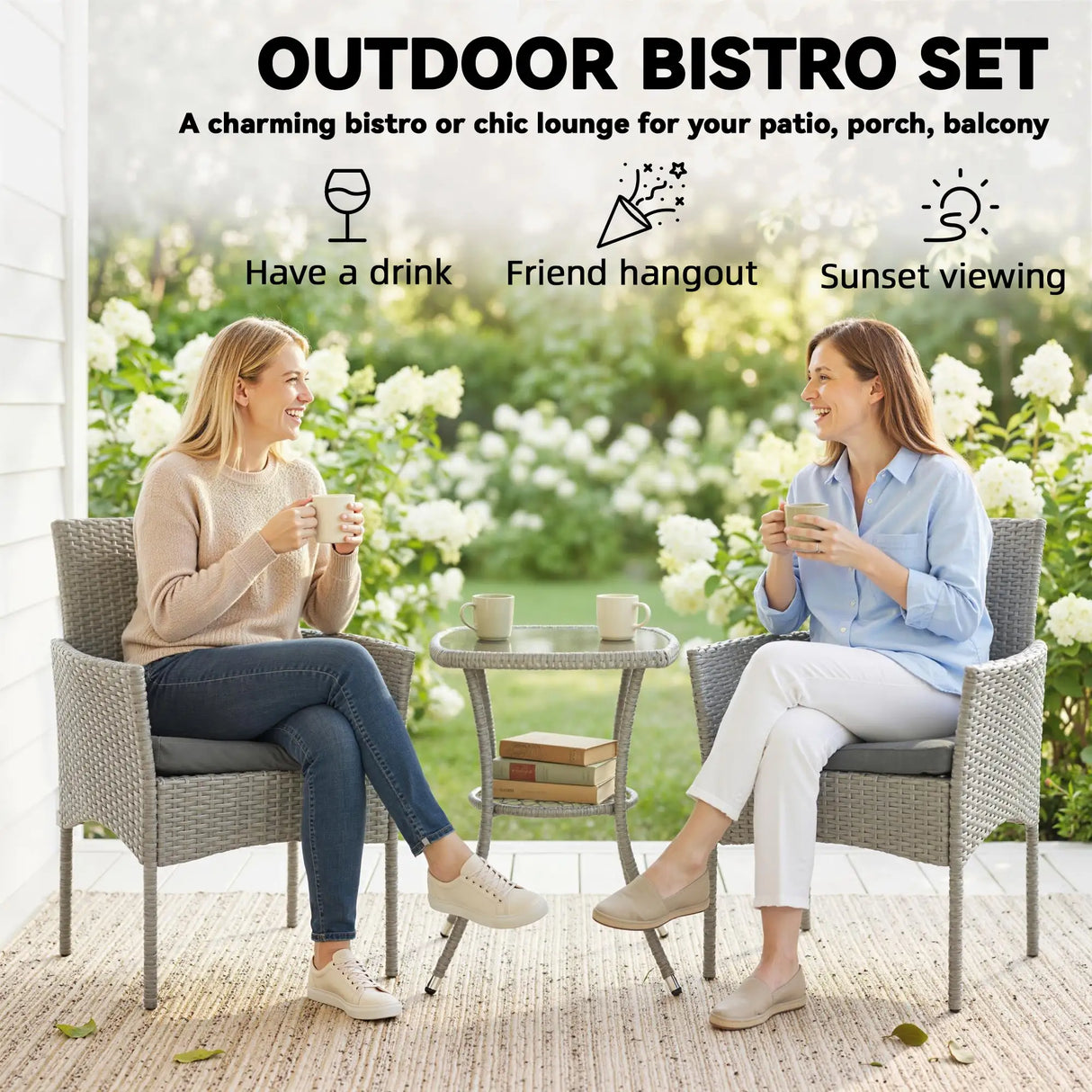 Outsunny 3 Piece Rattan Bistro Set, PE Wicker Garden Furniture Conversation Set with 2 Tier Glass-Top Table, Chairs, Dark Grey