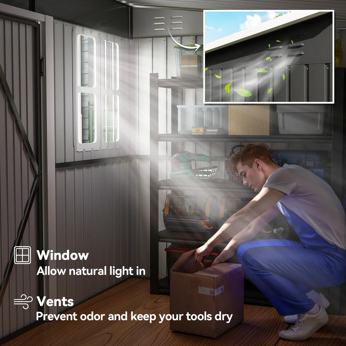 Outsunny 8.5 x 6ft Storage Shed Galvanised Steel Garden Shed, Metal Shed with Foundation Kit, Window, Lockable Wide Doors and Air Vents for Outdoor Patio, Dark Grey