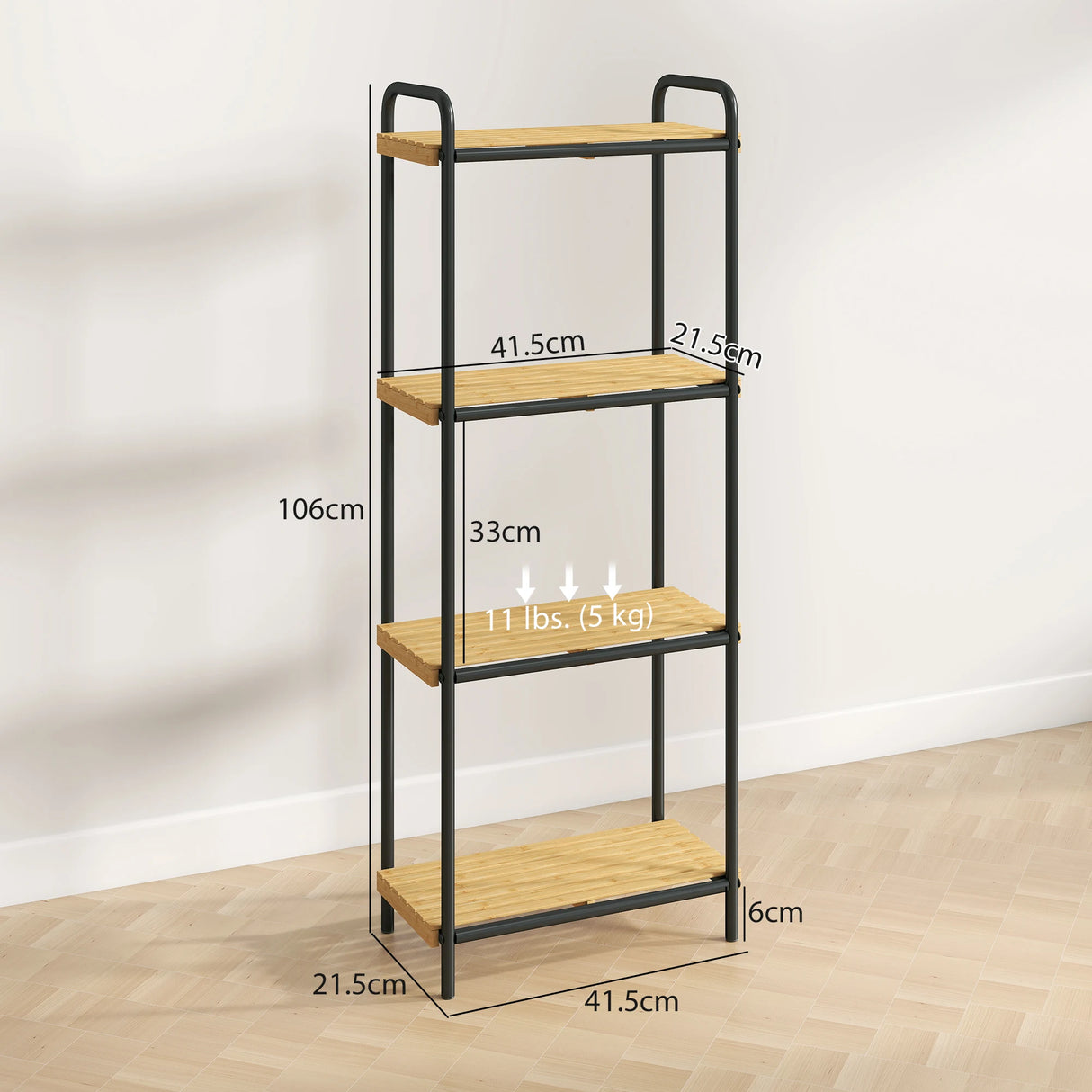 HOMCOM 4-Tier Bamboo Bathroom Storage Shelf, Freestanding Narrow Shelving Unit with Slatted Shelves for Kitchen Bathroom Living Room, 41.5 x 21.5 x 106 cm, Natural and Black