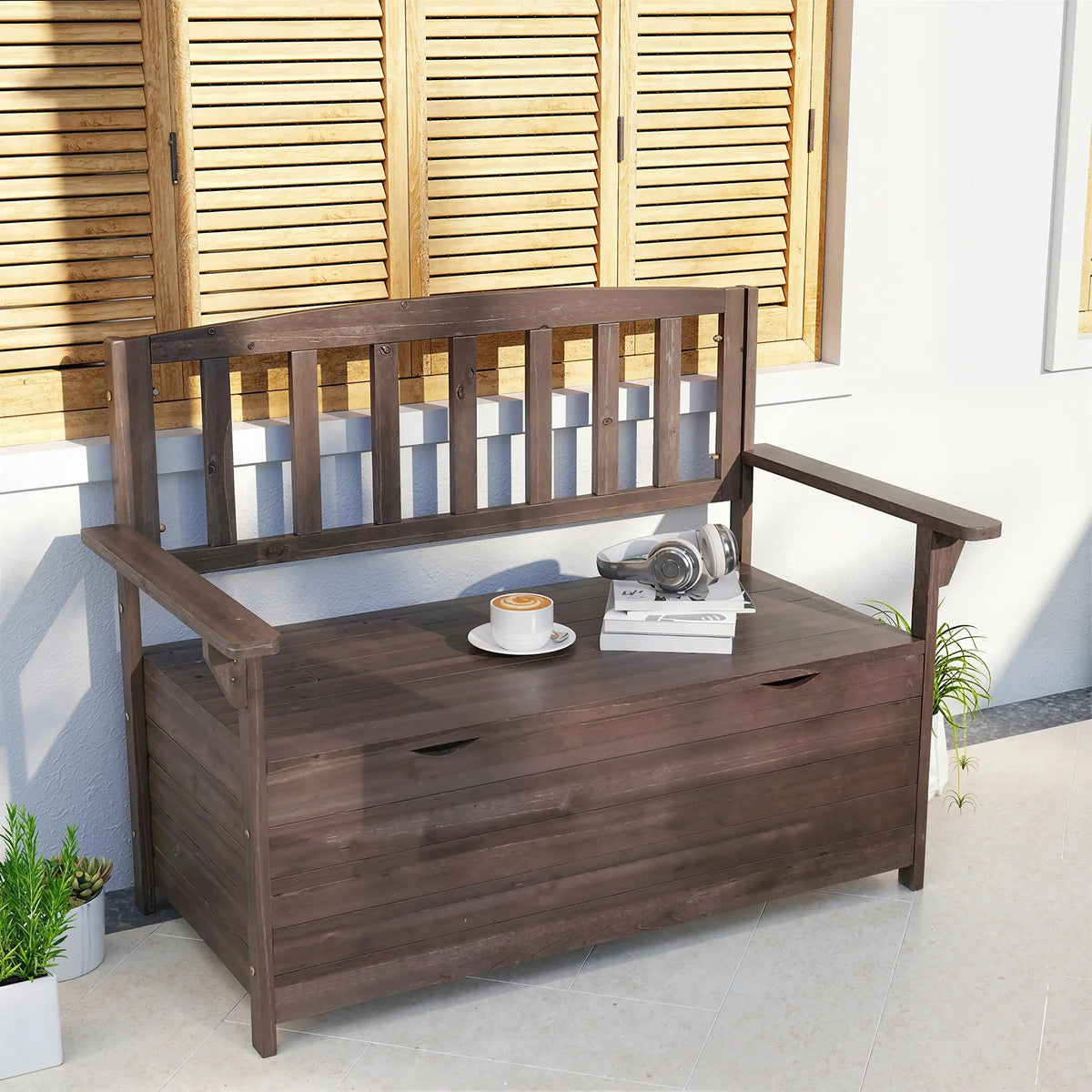 Outsunny Outdoor 2 Seater Garden Bench, Wooden Bench with Storage, Backrest, Arm Rests, 112 x 84 x 58 cm, Brown