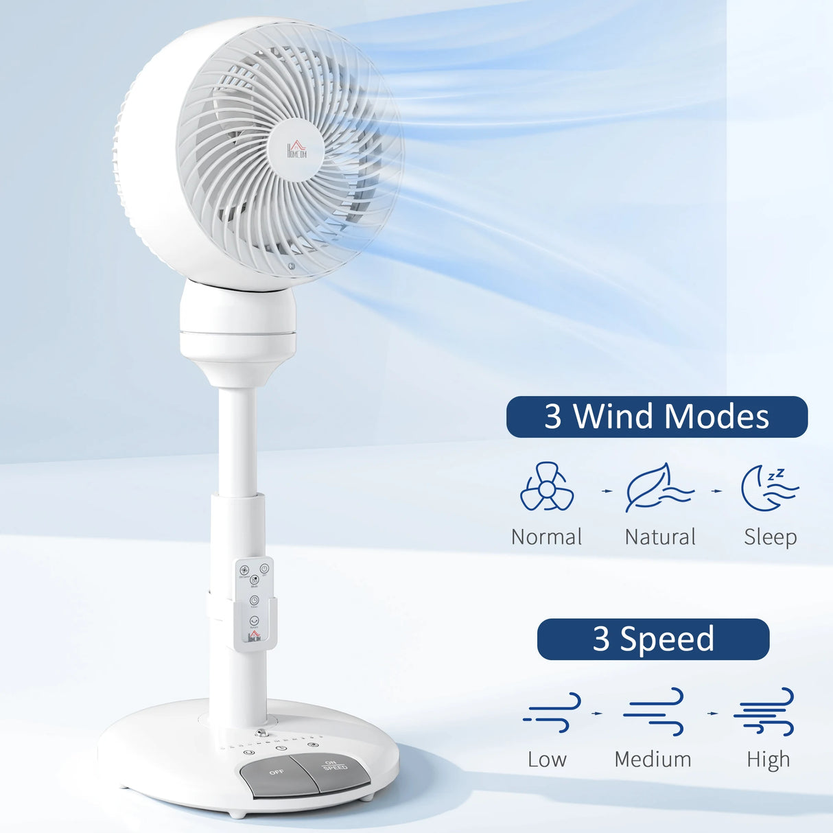 HOMCOM 9'' Air Circulator Fan 3 Speed 3 Mode, 70 Oscillation 90 Vertical Tilt, Remote Controller, for Living Room, Bedroom, Office, White