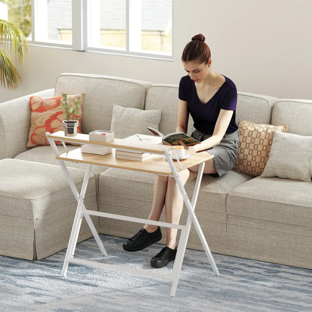 HOMCOM 81.5 cm Folding Computer Desk with Monitor Shelf - Natural Wood Finish