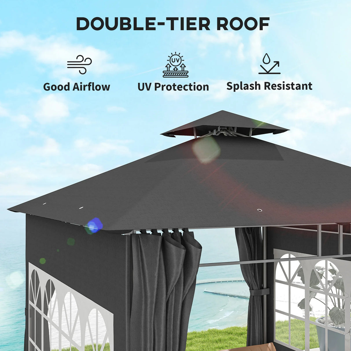 Outsunny 3 x 3 m Garden Gazebo, Double Roof Metal Gazebo with Removable Sidewalls and Church Windows, Outdoor Canopy Shelter, Dark Grey