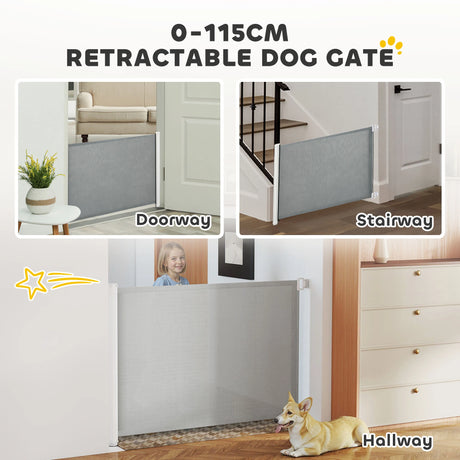 PawHut Retractable Stair Gate for Dogs, Pet Mesh Safety Gate Extends up to 115cm for Doorways Indoor- Grey
