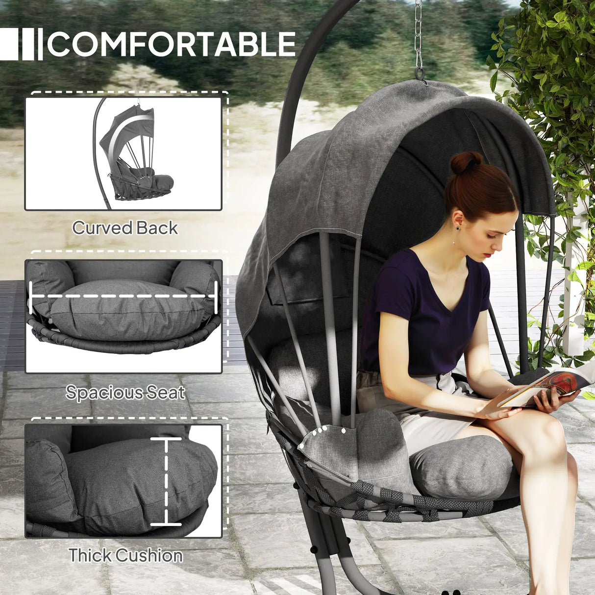 Outsunny Hanging Egg Chair Swing Hammock Chair with Stand, Cushion and Retractable Canopy, for Indoor and Outdoor, Grey