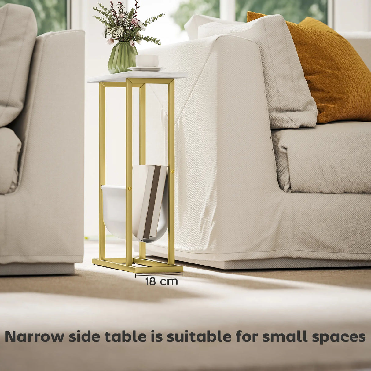 HOMCOM Narrow Side Table, End Table with Magazine Holder, Nightstand for Small Spaces, Living Room, Bedroom, White Marble Grain