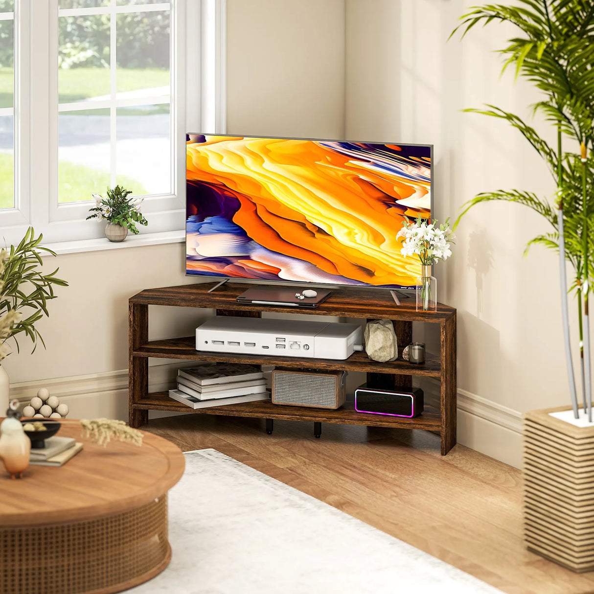 HOMCOM Corner TV Stand with 2 Open Shelves for 47 Inch TV - Rustic Brown