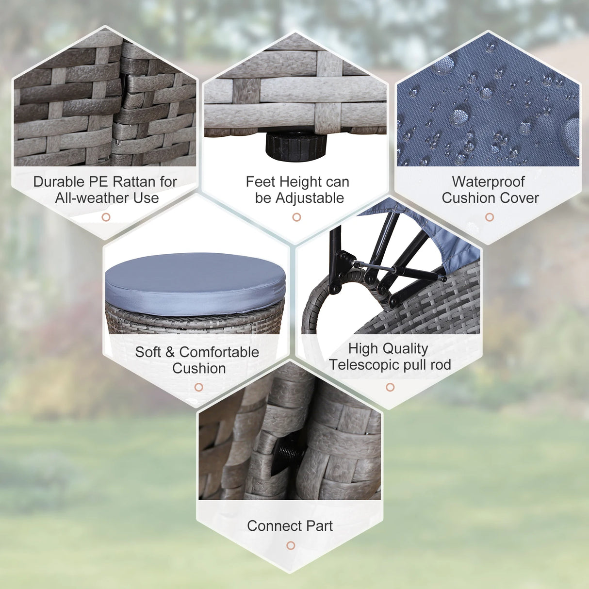 Outsunny Outdoor PE Rattan Garden Furniture with Cushioned, Patio Wicker Conversation Furniture Set, Round Daybed with Retractable Canopy, Coffee Table and Three Pillows, Grey/Blue Grey