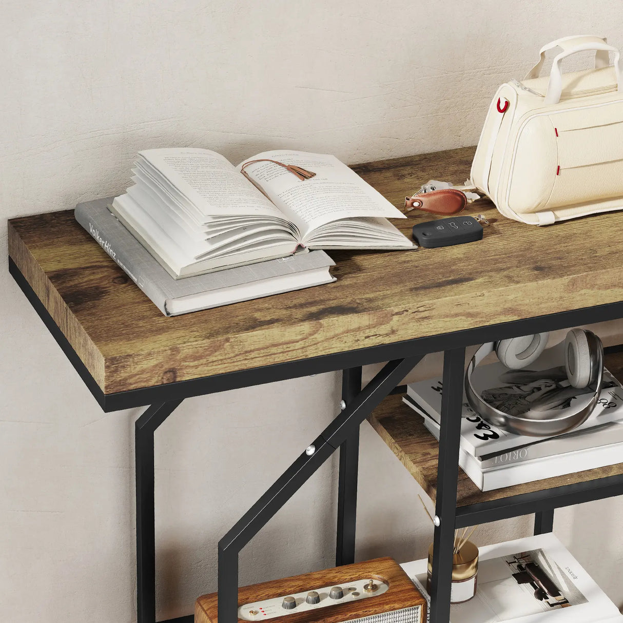 HOMCOM 4-Tier Industrial Console Table - Rustic Brown