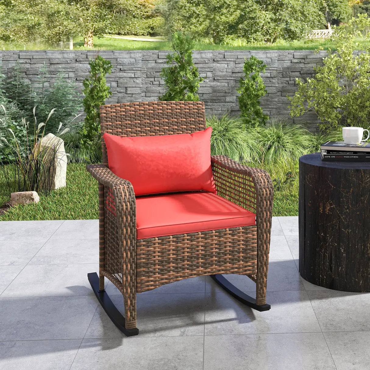 Outsunny Rattan Rocking Chair - Red