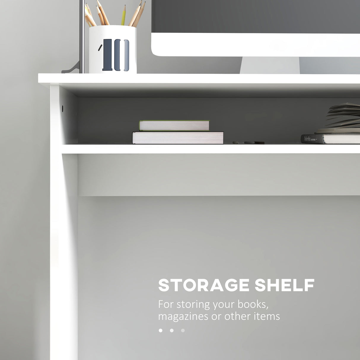 Vinsetto Home Office Chair and Computer Desk Set, Mesh Chair with Swivel Wheels, Study Desk with Storage Shelf, High Gloss White and Grey