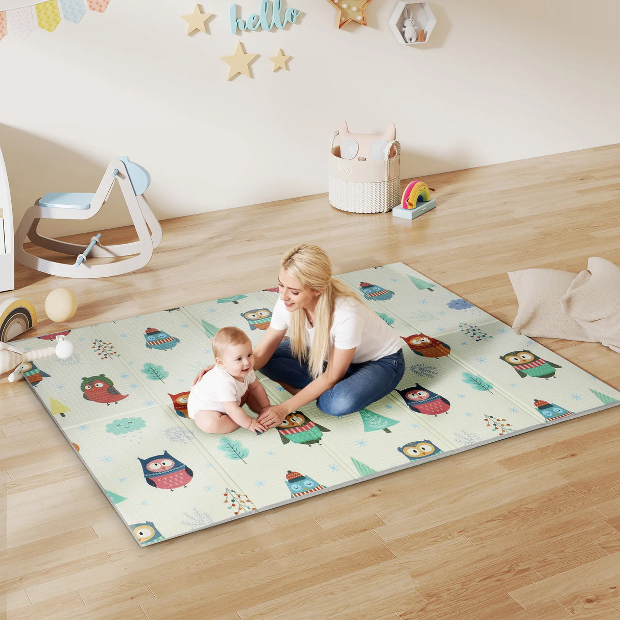 AIYAPLAY Foldable Baby Plat Mat Double Sided, Kids Floor Mat for Crawling, 195.5L x 147.5W cm, Car track and Owl Theme