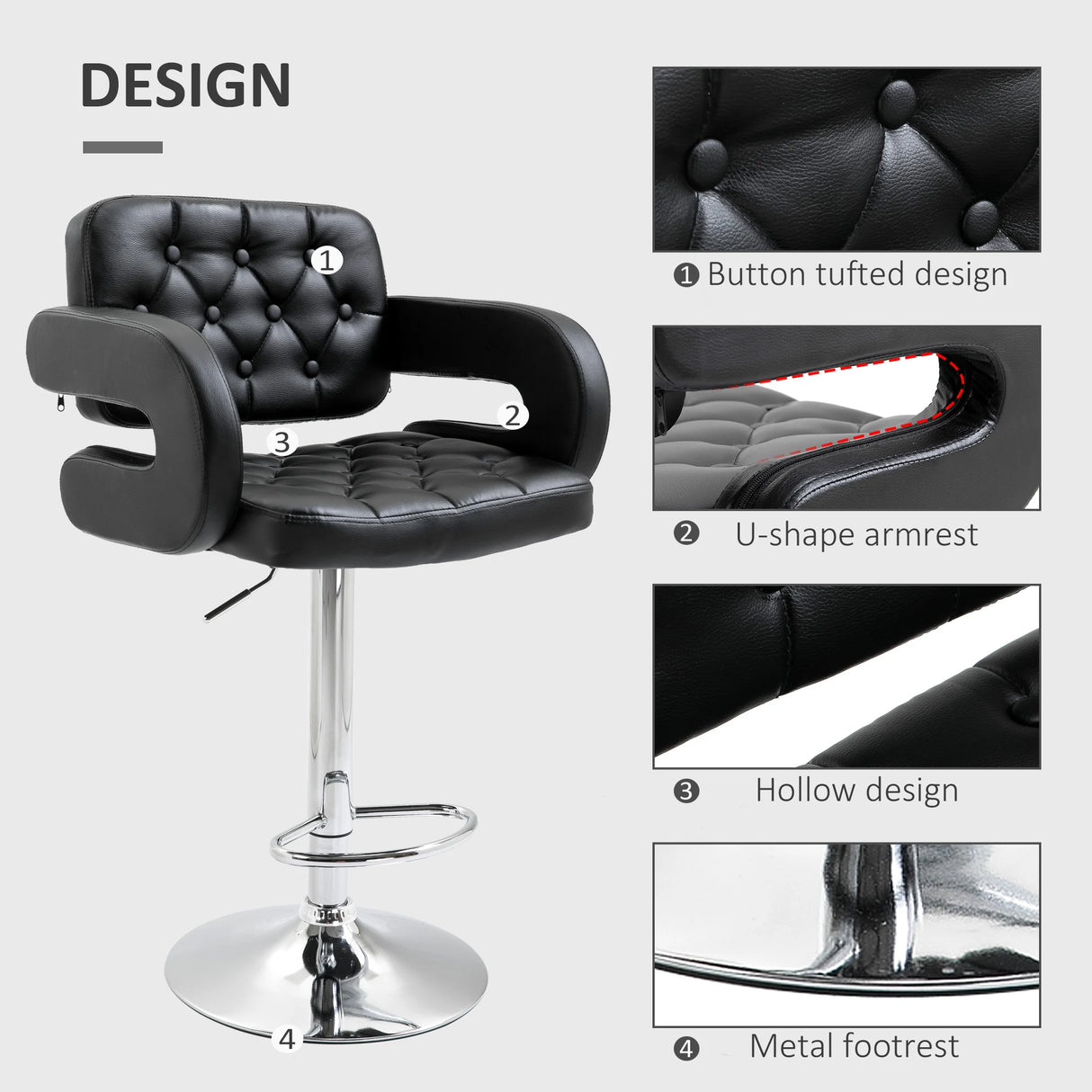 Set of 2 PU Leather Upholstered Swivel Bar Stool, Height Adjustable Barstool with Back, Armrest, Footrest for Kitchen