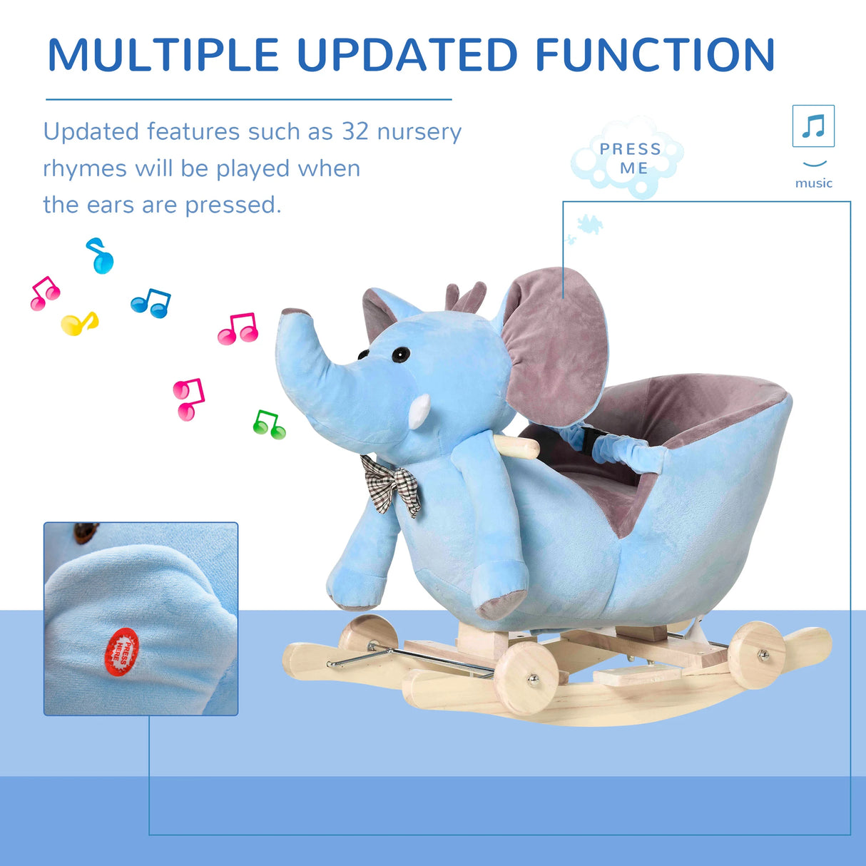 HOMCOM 2 In 1 Plush Baby Ride on Rocking Horse Elephant Rocker with Wheels Wooden Toy for Kids 32 Songs for 18+ Months (Blue)
