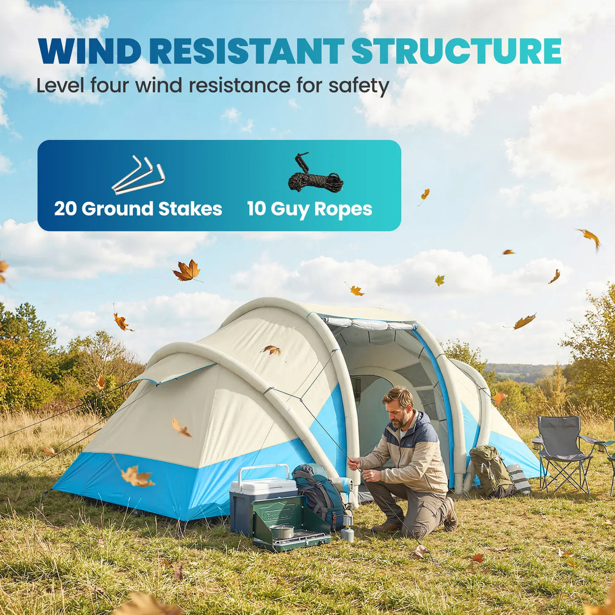 Outsunny Inflatable Tent 2 Bedroom 3000mm Waterproof Windproof Air Tent with Carry Bag for 4 Person