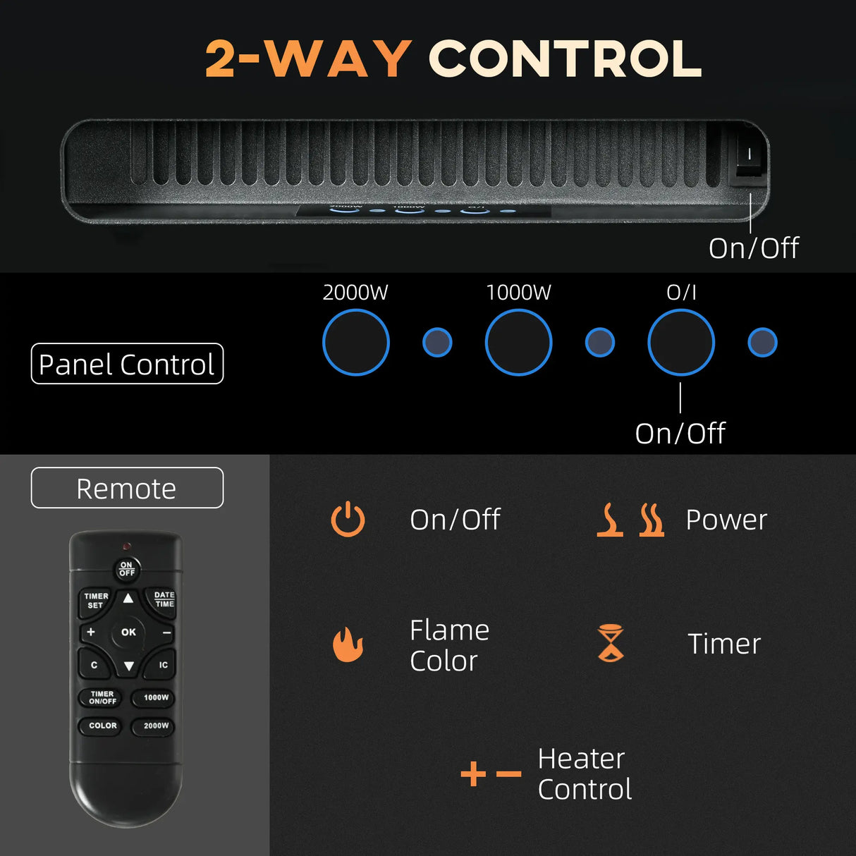 HOMCOM 127cm/50" Electric Fireplace, 2000W Recessed and Wall Mounted Electric Fire with Remote Control, 9 Flame Colour and Crystal, Black