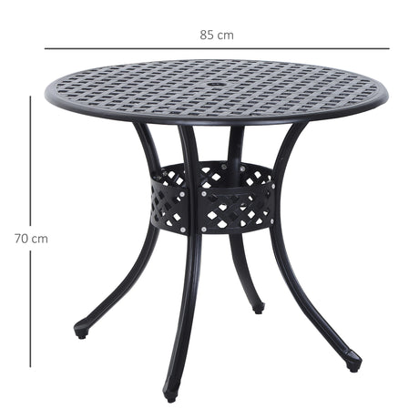 Outsunny 85cm Round Garden Table with Umbrella Hole, Aluminium Grid Motif Outdoor Dining Table for Garden Patio, Black