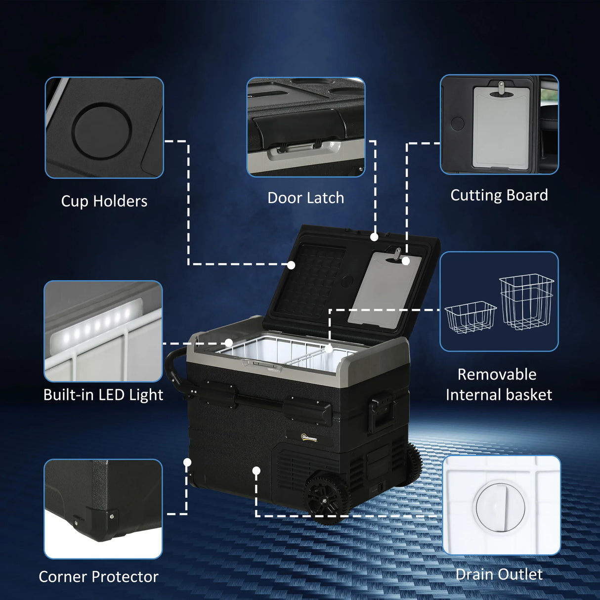 Outsunny 50L Car Refrigerator, Portable Compressor Cooler Box, Fridge Freezer w/ Inner LED Light, Foldable Handles, Cup Holders, 12/24V DC and 110-240V AC for Campervan RV Boat Travel Down to -20