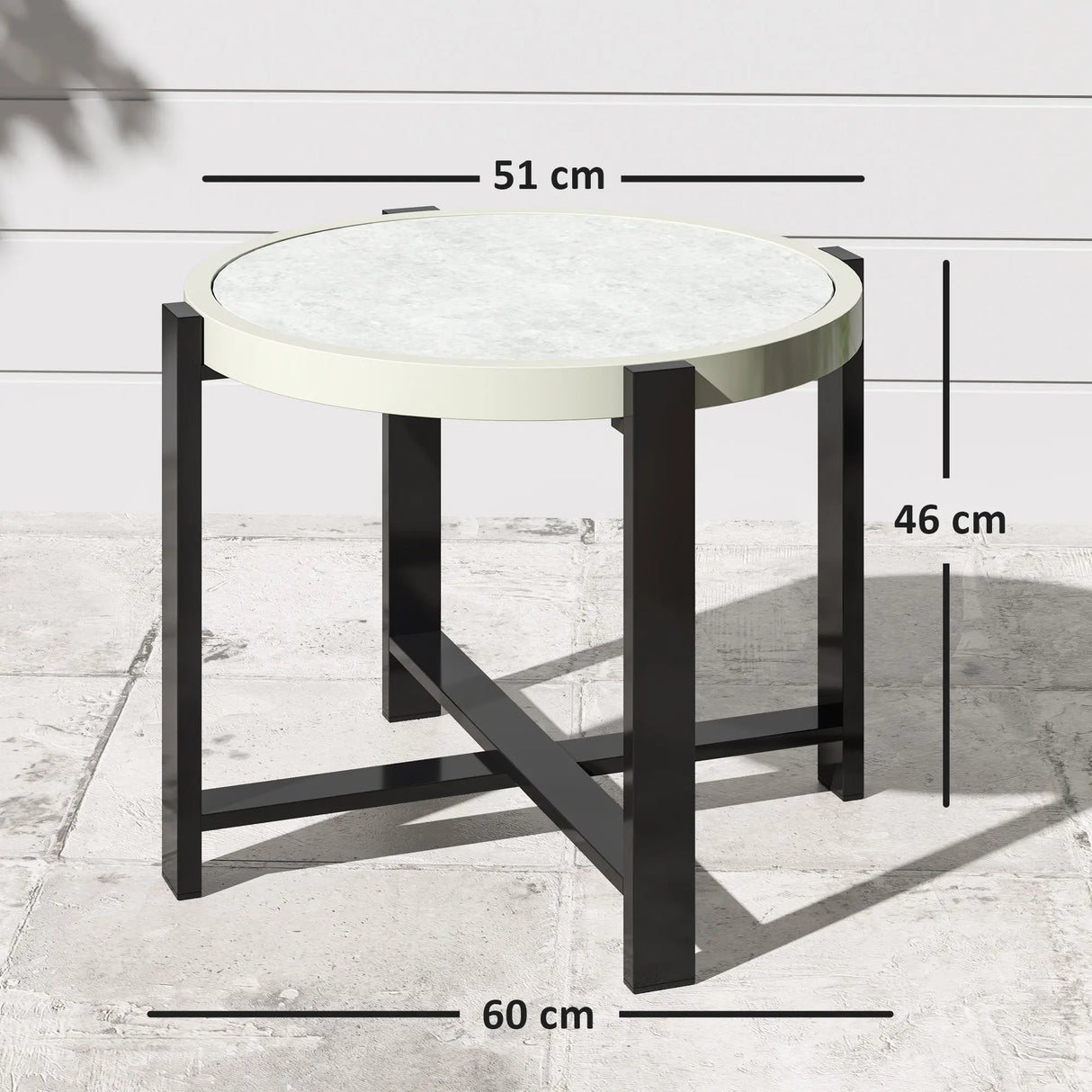 Outsunny Round Small Garden Table, 60cm Outdoor Side Table with Faux Marble Tempered Glass Top, Aluminium Frame for Garden, Patio, Balcony, Light Grey