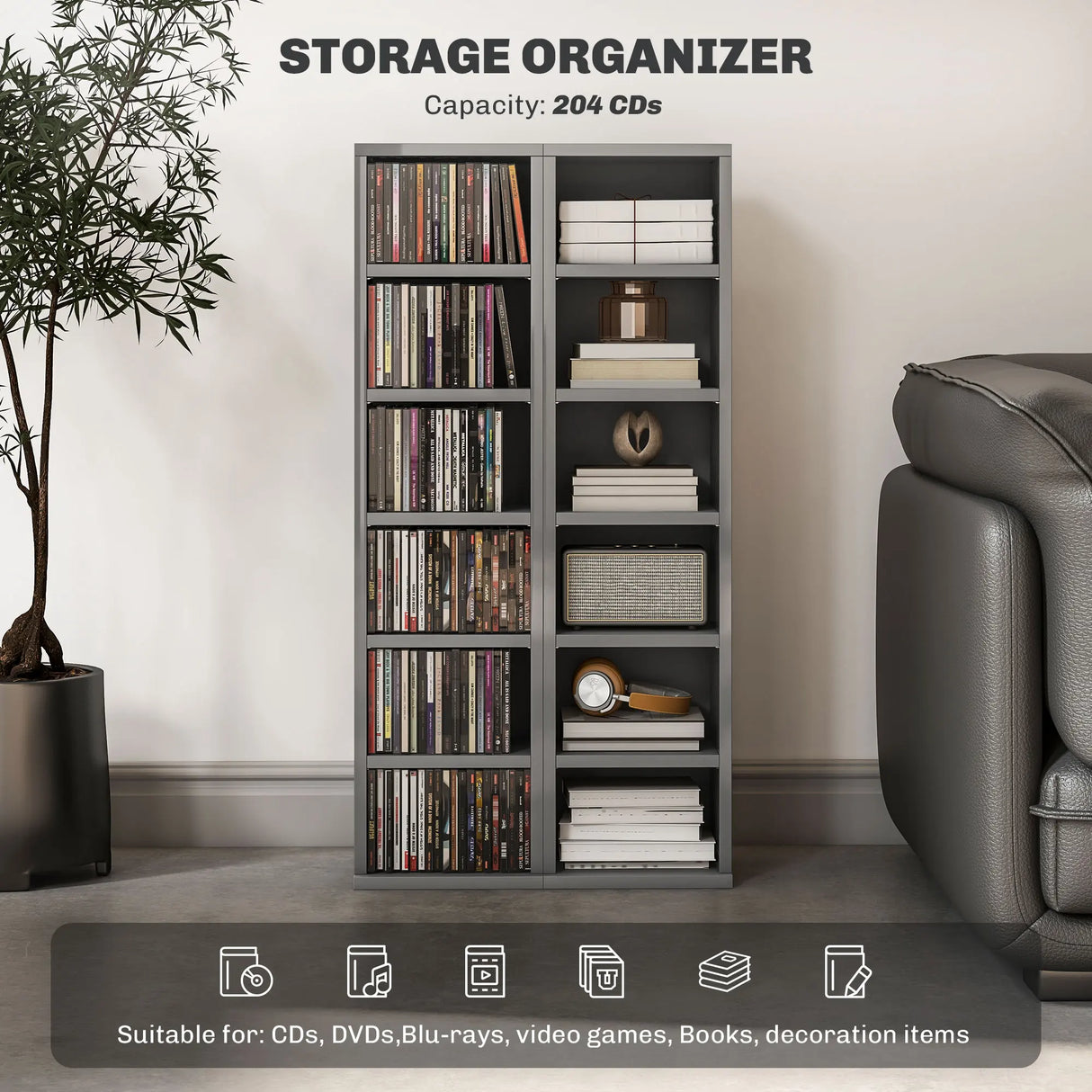 HOMCOM Set of 2 CD Media Display Shelf Unit Tower Rack with Adjustable Shelves, High Gloss Grey