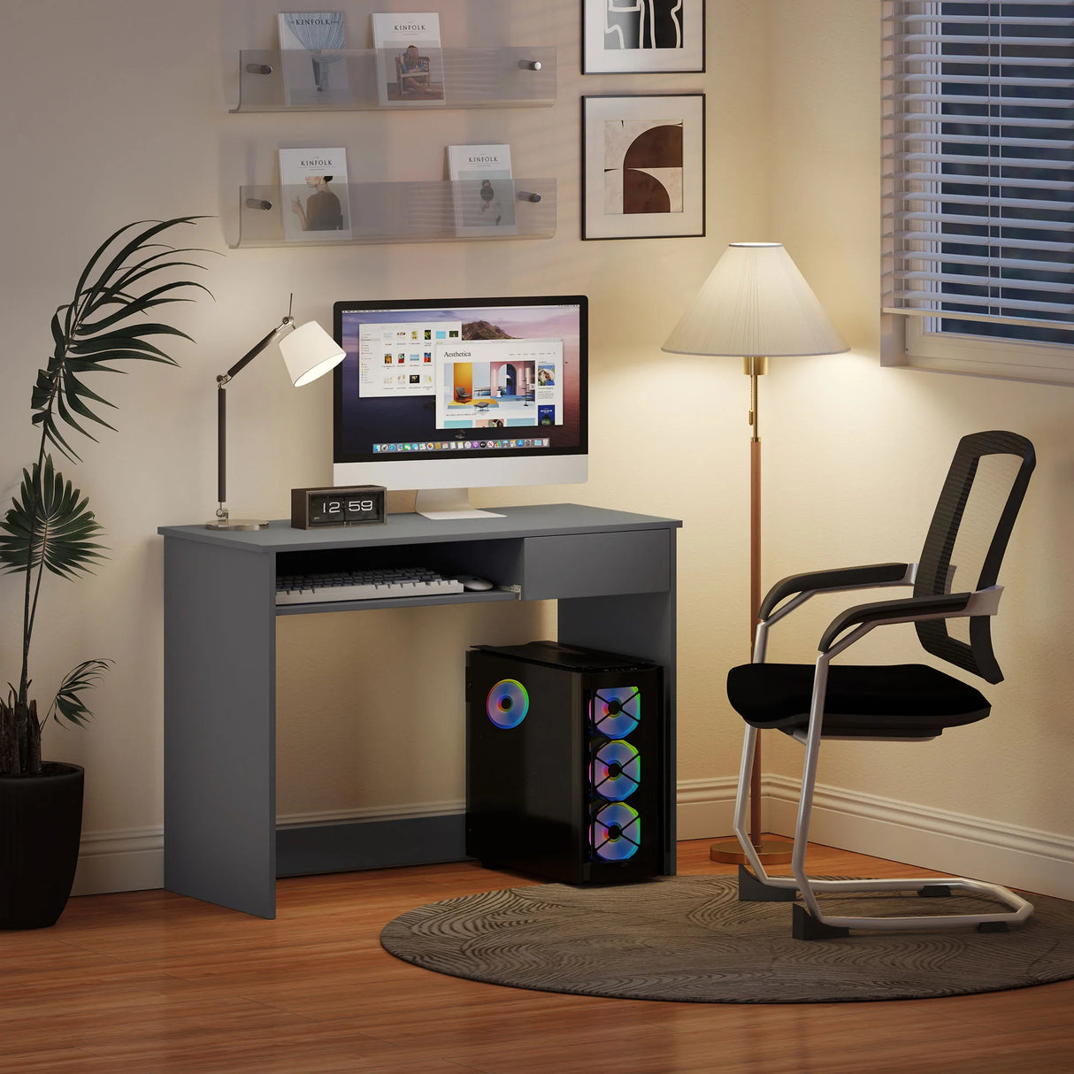 HOMCOM 100cm Compact Computer Desk with Keyboard Tray, Home Office Desk with Drawer for Bedroom Study, Grey