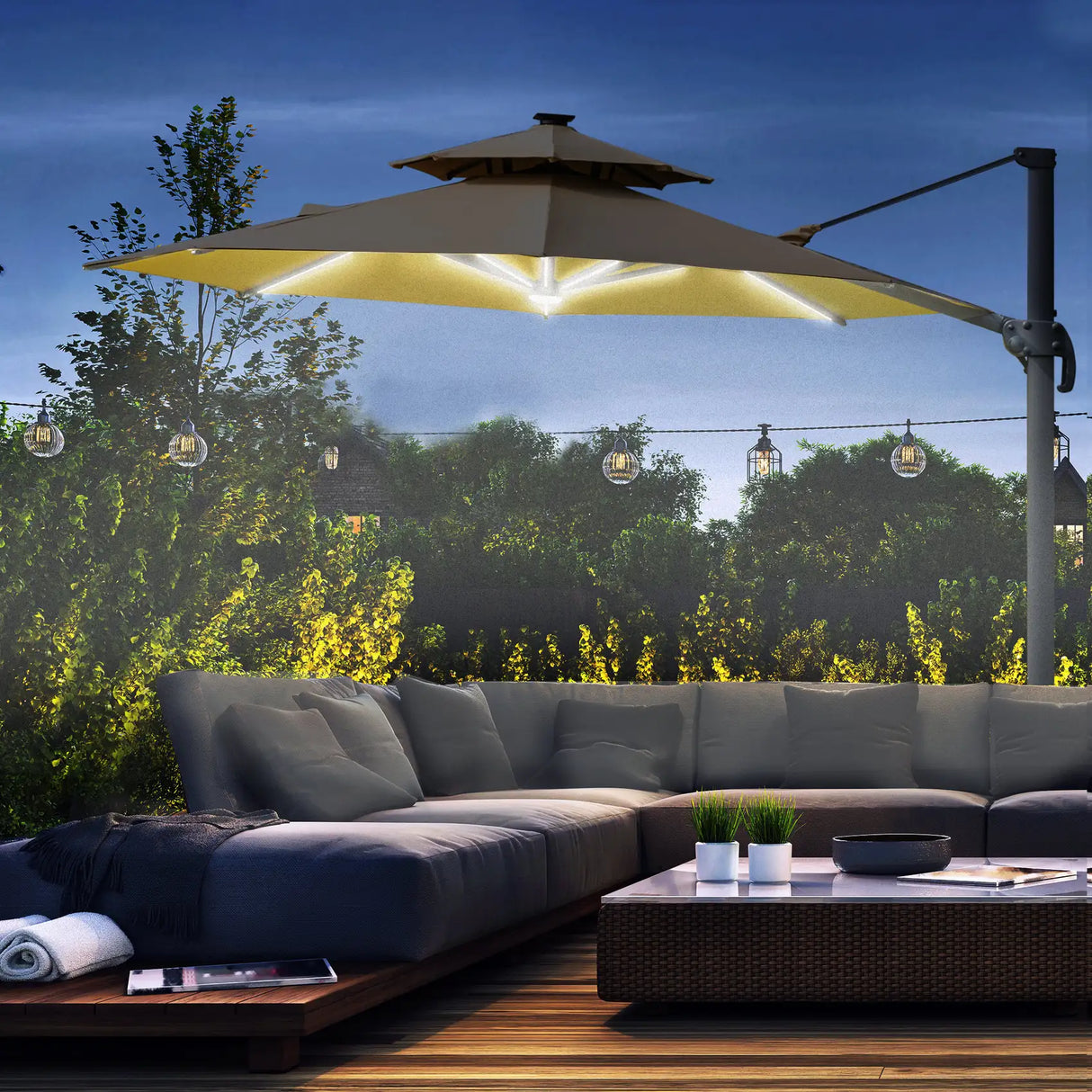 Outsunny 3m Cantilever Parasol w/ Solar Lights Power Bank Base 360 Spin Khaki