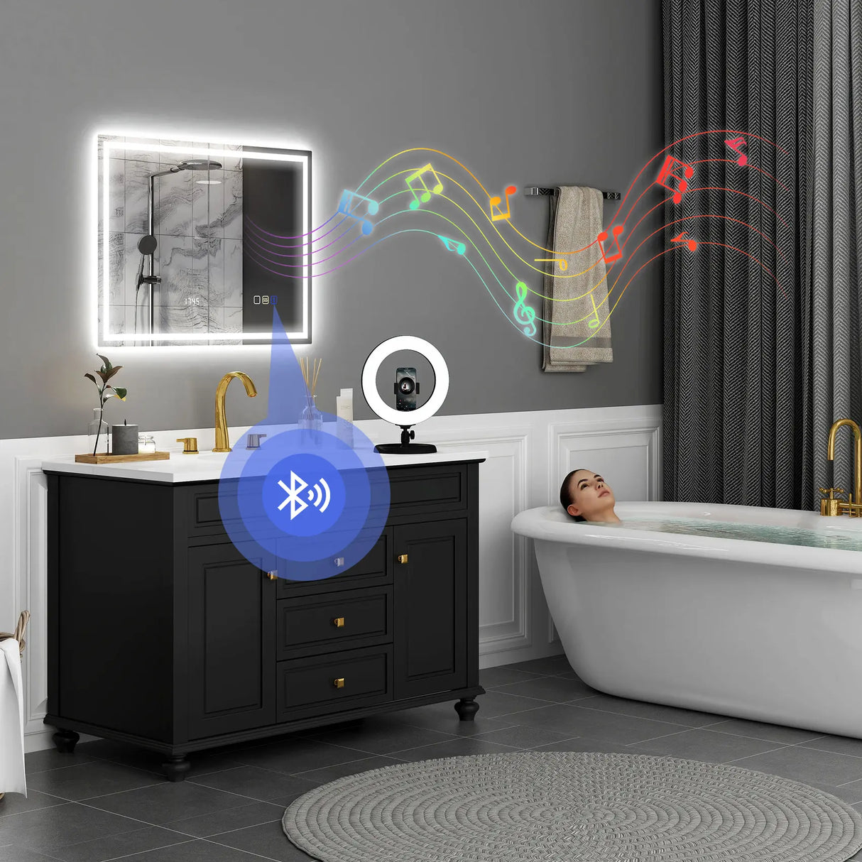HOMCOM 60 x 80 cm Anti-Fog LED Bathroom Mirror, with Bluetooth and Clock - Silver Tone