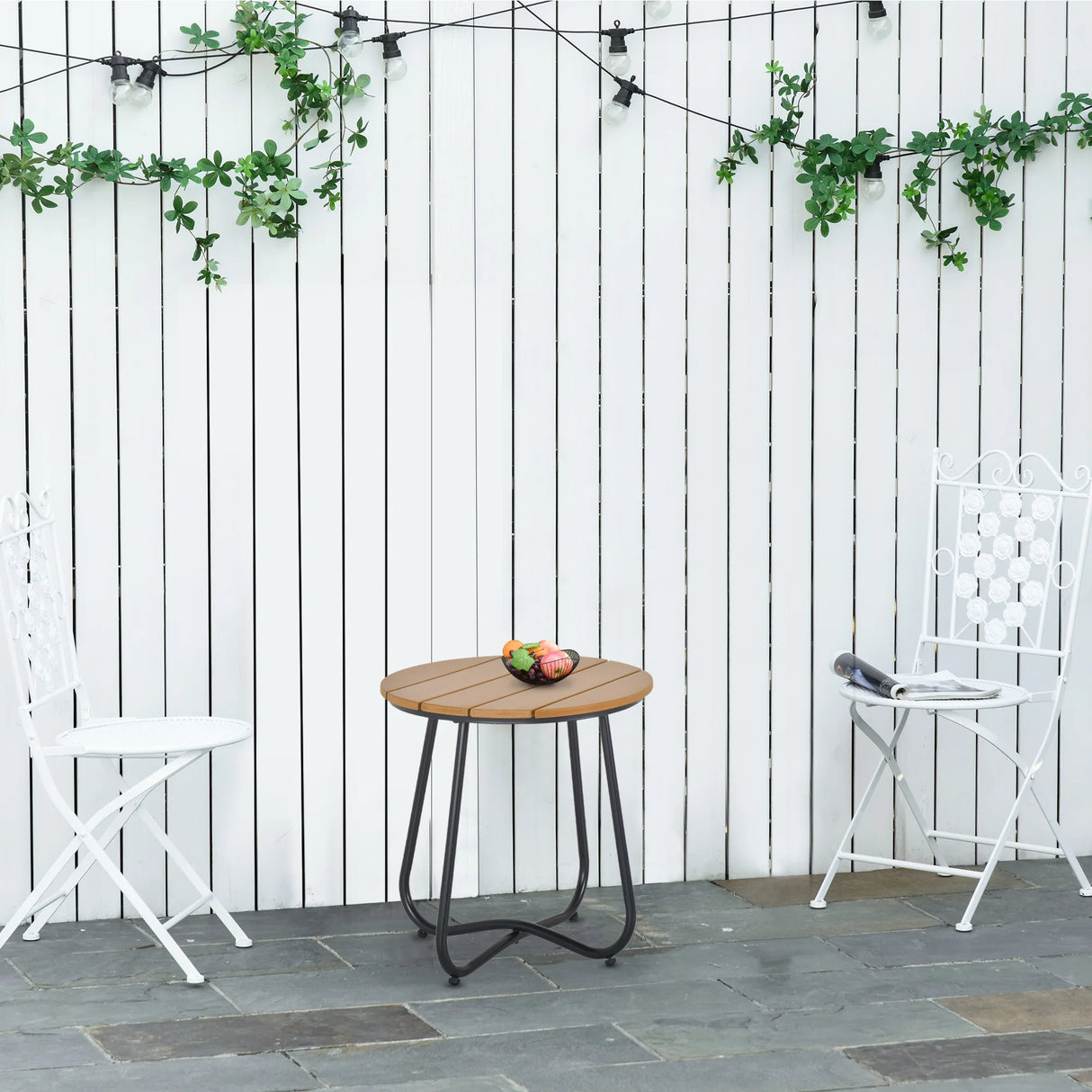 Outsunny Round Outdoor Side Table Adjustable Leg Pads Garden Table 49 x 49 x 48 cm Natural Wood & Black