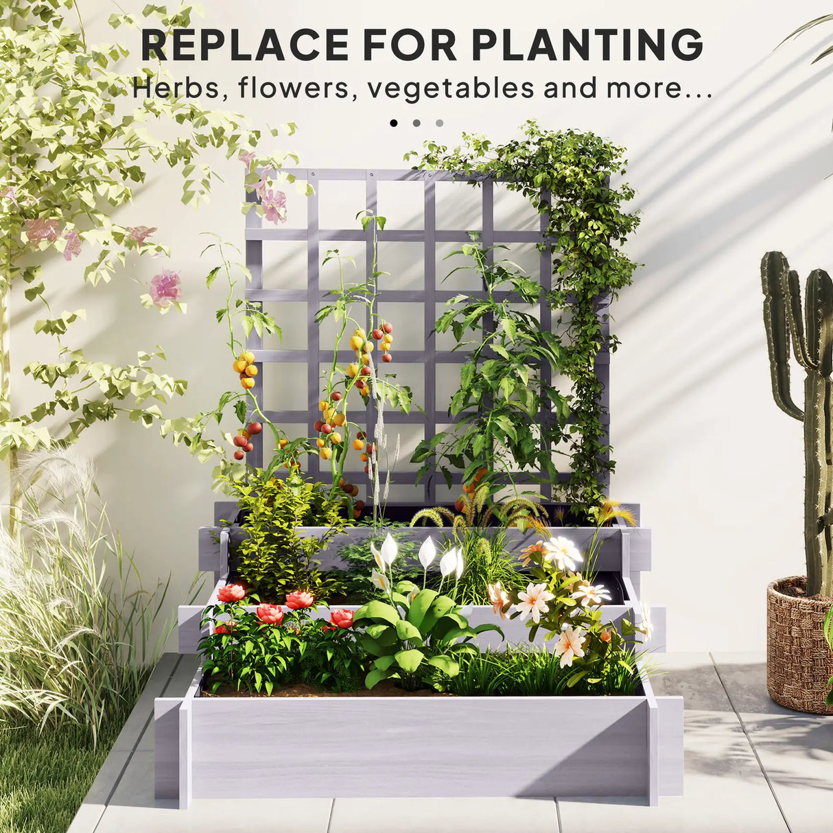 Outsunny 3 Tier Garden Planters with Trellis for Vine Climbing, Wooden Raised Beds, 95x95x110cm, Grey
