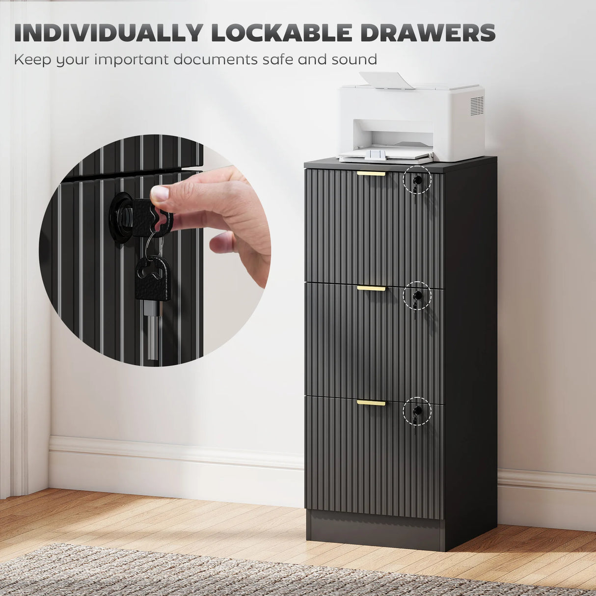 HOMCOM Filing Cabinet, Fluted Vertical File Cabinet with 3 Lockable Drawers and Hanging Rails, Black
