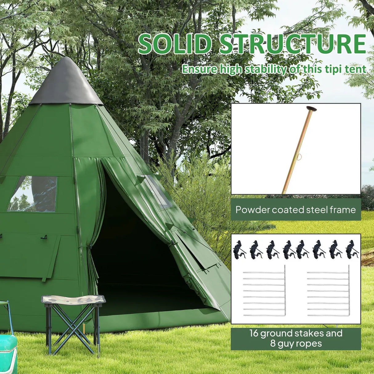 Outsunny 6 Men Tipi Tent with Carry Bag - Green