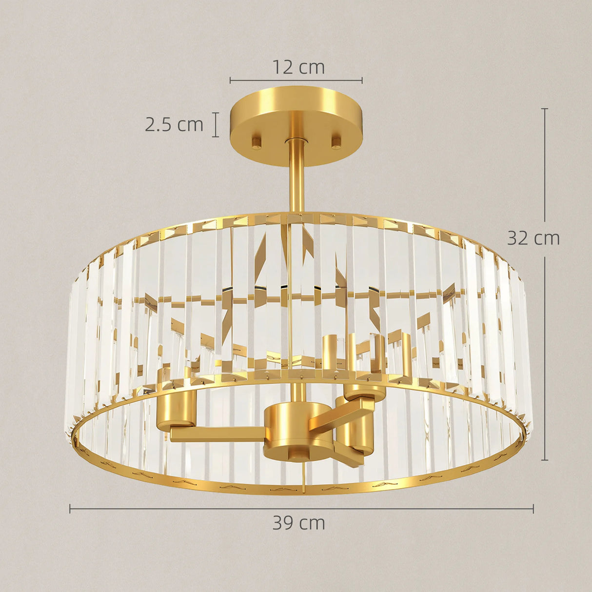 HOMCOM Crystal Ceiling Light Fixture, Semi Flush Mount Modern Crystal Chandelier Ceiling Light for Living Room, Bedroom, Hallway, Dining Room, E14 Base 3-Lights, Bulbs Not Included, Gold Tone