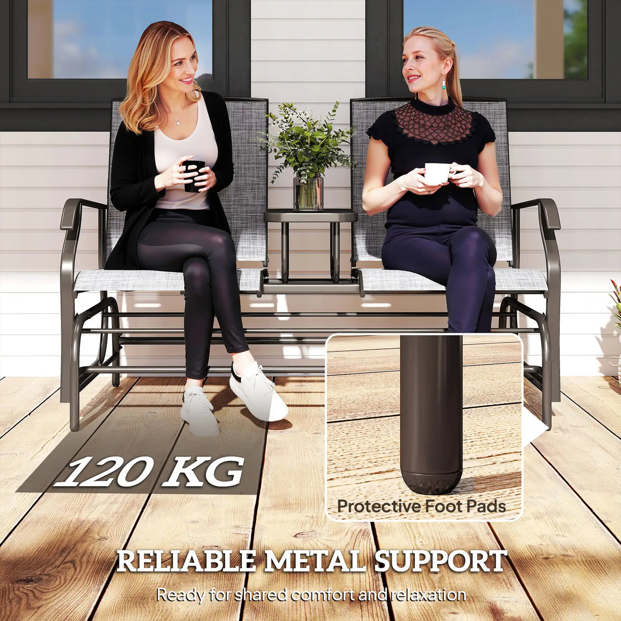 Outsunny 2 Seats Garden Glider Bench, Metal Frame Loveseat with Glass Top Centre Table, Porch Rocking Glider for 2 Person, for Deck, Patio, Brown/ Grey