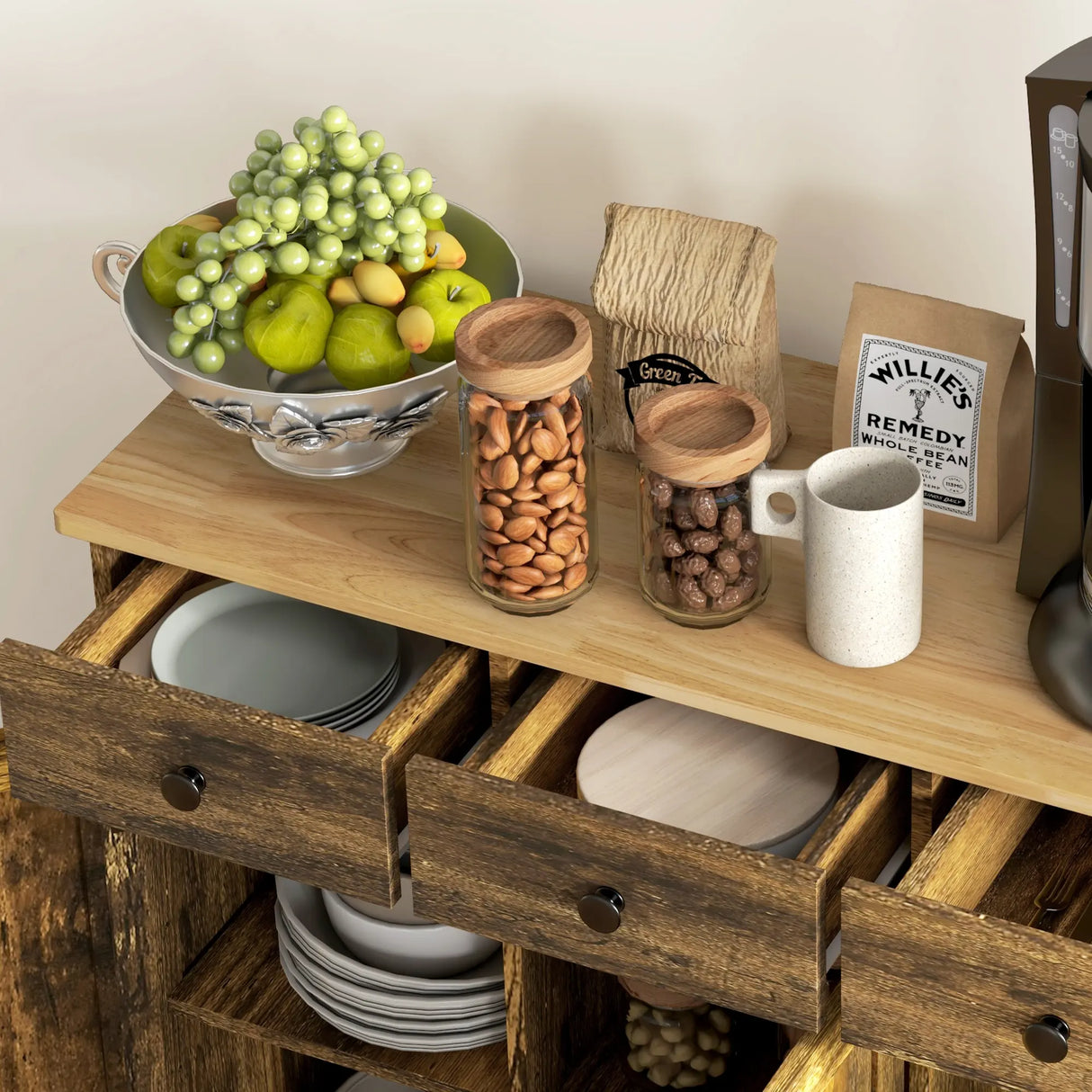 HOMCOM Sideboard with Rubberwood Top and Adjustable Shelves for Dining Room, Kitchen - Rustic Brown