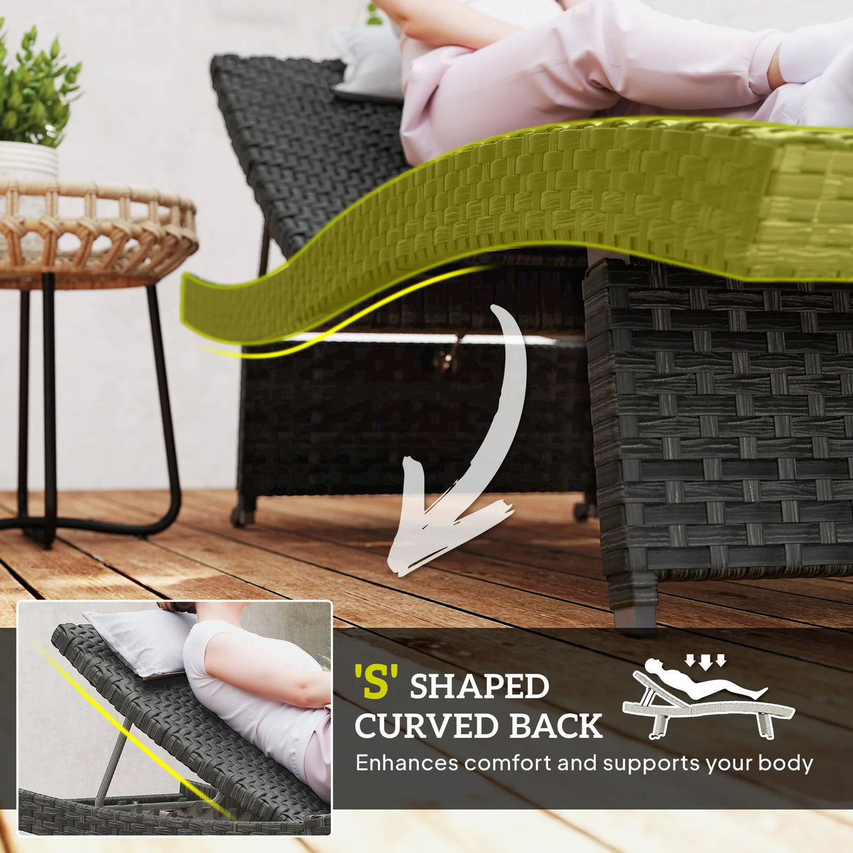 Outsunny Outdoor PE Rattan Sun Lounger, Folding Wicker Garden Lounger Recliner with 4-Level Adjustable Backrest, Rolling Sunbed Lounge Chair with Wheels, Non-Slip Legs for Balcony, Beach, Black