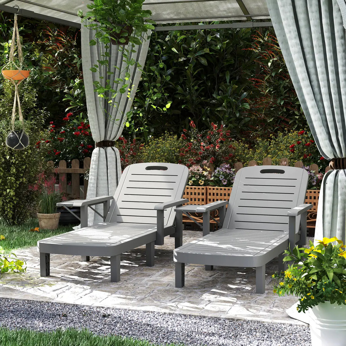 Outsunny Set of 2 Resin Reclining Sun Loungers for Garden, 5 Positions Adjustable Outdoor Chaise Lounge Chairs with Wood Texture Surface, Armrests, Foldable Side Table for Garden, Beach, Dark Grey