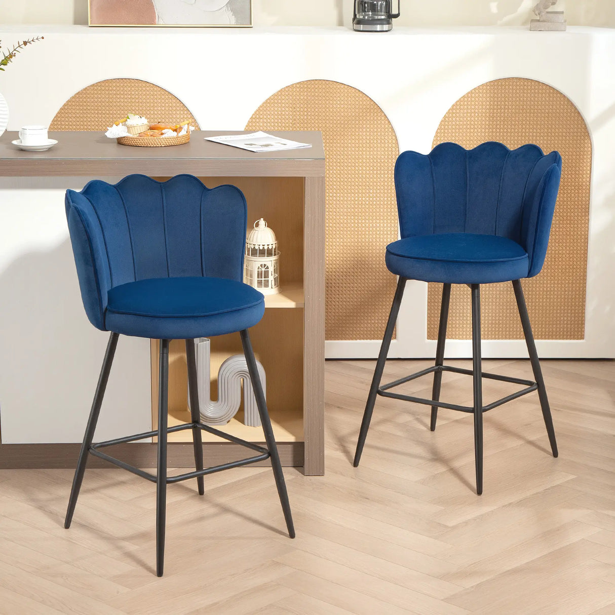 HOMCOM Set of Two Velvet-Feel Lotus Bar Stools - Dark Blue