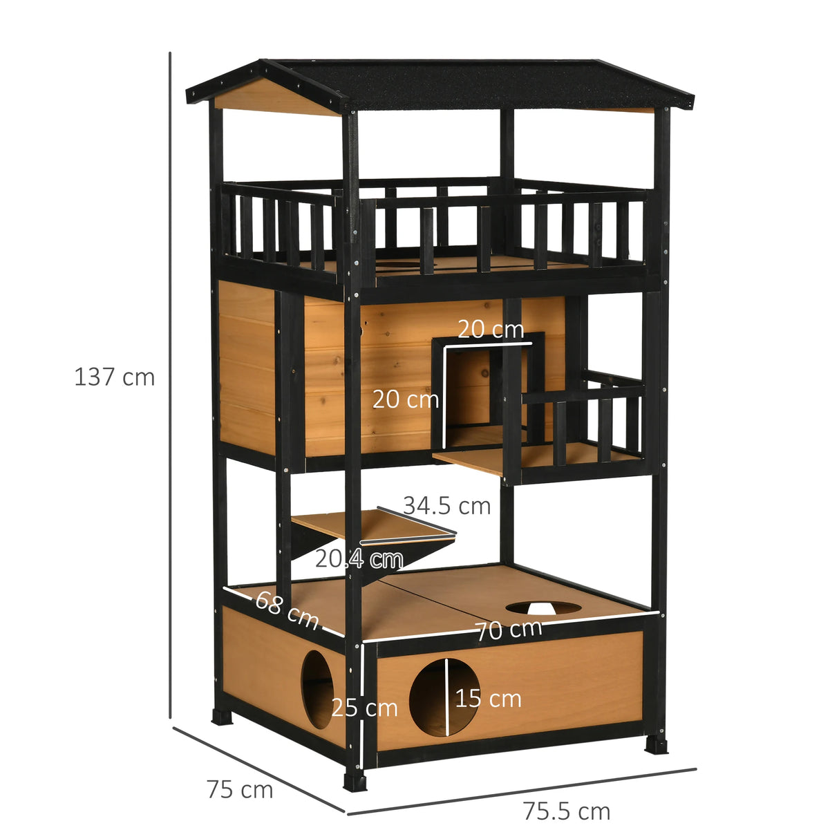 PawHut Wooden Outdoor Cat House, 3-Tier Cat Shelter with Tilted Roof, Terrace, Jump Step, Bottom Tray and Elevated Base, Waterproof Paint, Yellow