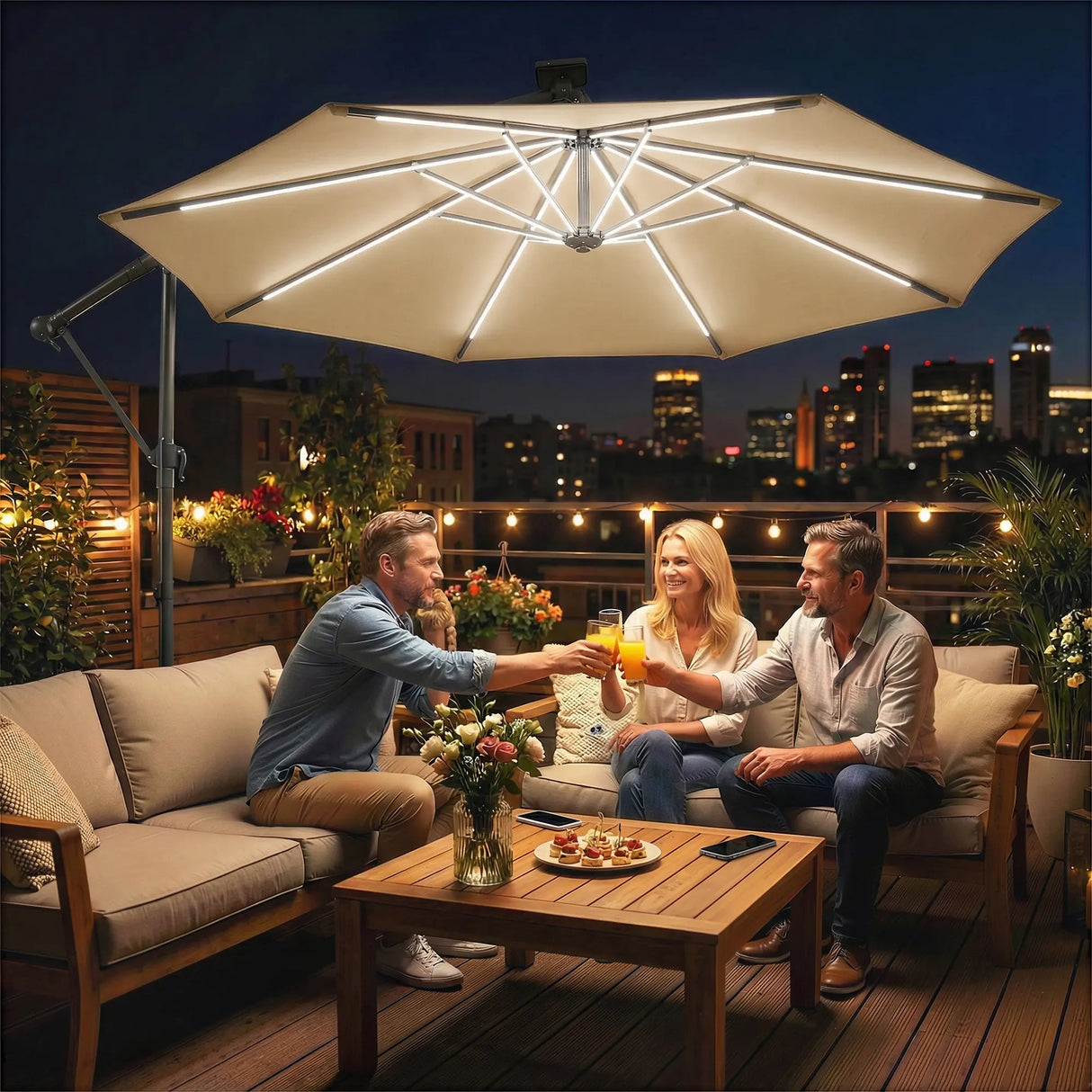 Outsunny 3 m Garden Cantilever Parasol with LED Solar Light, Round Overhanging Umbrella with 360 Rotation, Cover, Khaki