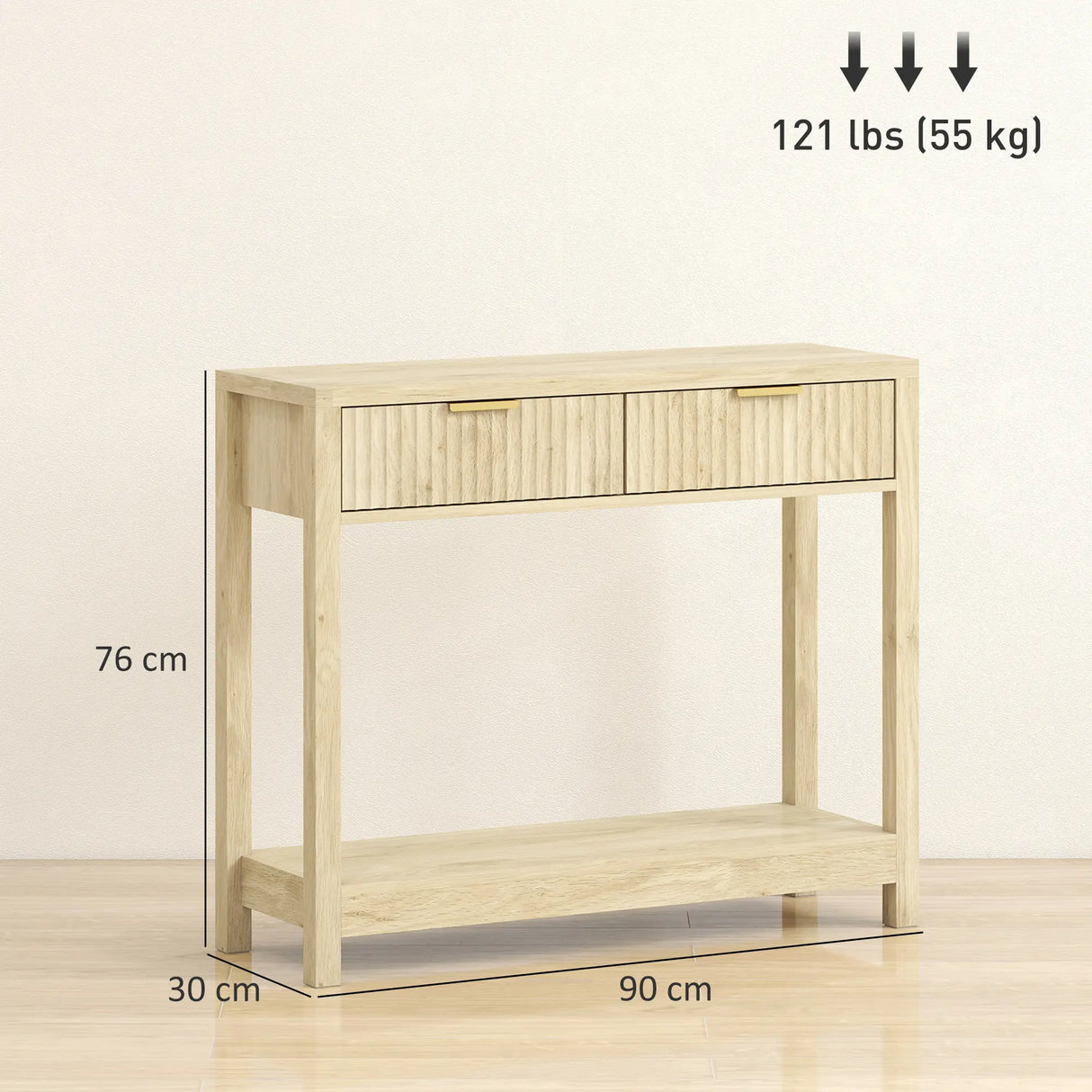 HOMCOM Modern Console Table with Fluted Panel Drawers, Narrow Hallway Table with Shelf for Entryway, Living Room, 90 x 30 x 76 cm, Natural Wood Finish