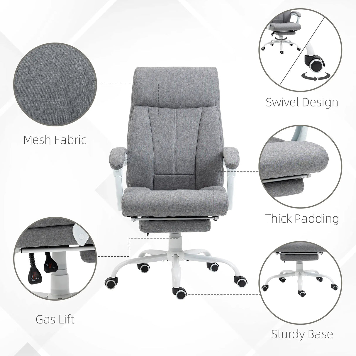 Vinsetto Office Chair, Ergonomic Desk Chair, Fabric Work Study Chair with 155 Reclining Back and Footrest, Adjustable Height and Swivel Wheels, Grey