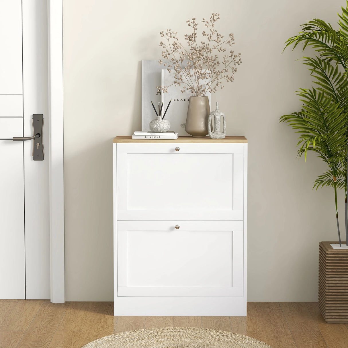 HOMCOM Two Flip Drawer Shoe Cabinet - White