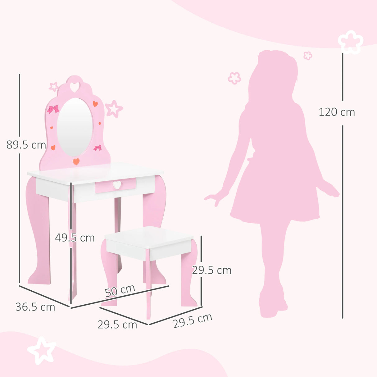 ZONEKIZ Kids Dressing table Set w/ Mirror, Stool, Drawer, Cute Patterns, for Ages 3-6 Years - Pink