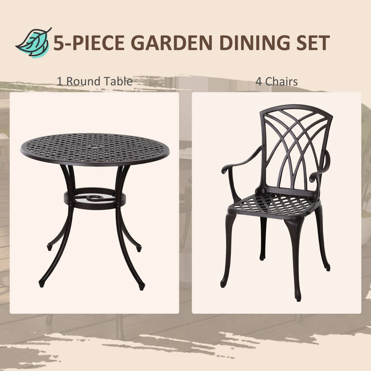 Outsunny 5 Pieces Garden Dining Set for 4, Cast Aluminium Outdoor Dining Set with 4 Armchairs and Round Dining Table with Parasol Hole, Garden Furniture Set, Brown