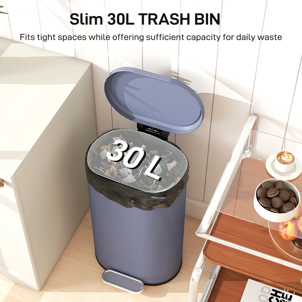 HOMCOM 30L Kitchen Bin with 90 Stay-Open Lid, Slim Rectangular Pedal Bin with Soft-Close Lid, Removable Inner Bucket for Home Office, Fingerprint-Resistant, Grey
