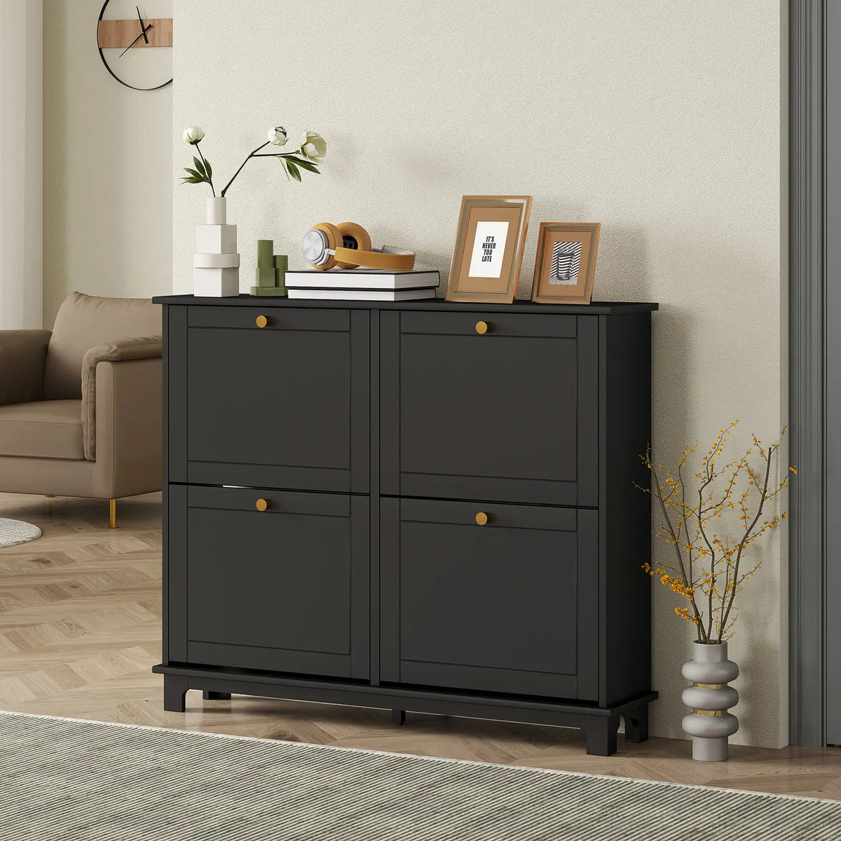HOMCOM Narrow Shoe Storage Cabinet, Slim Shoe Cabinet with 4 Flip Drawers, Adjustable Shelves for 16 Pairs of Shoes, Black
