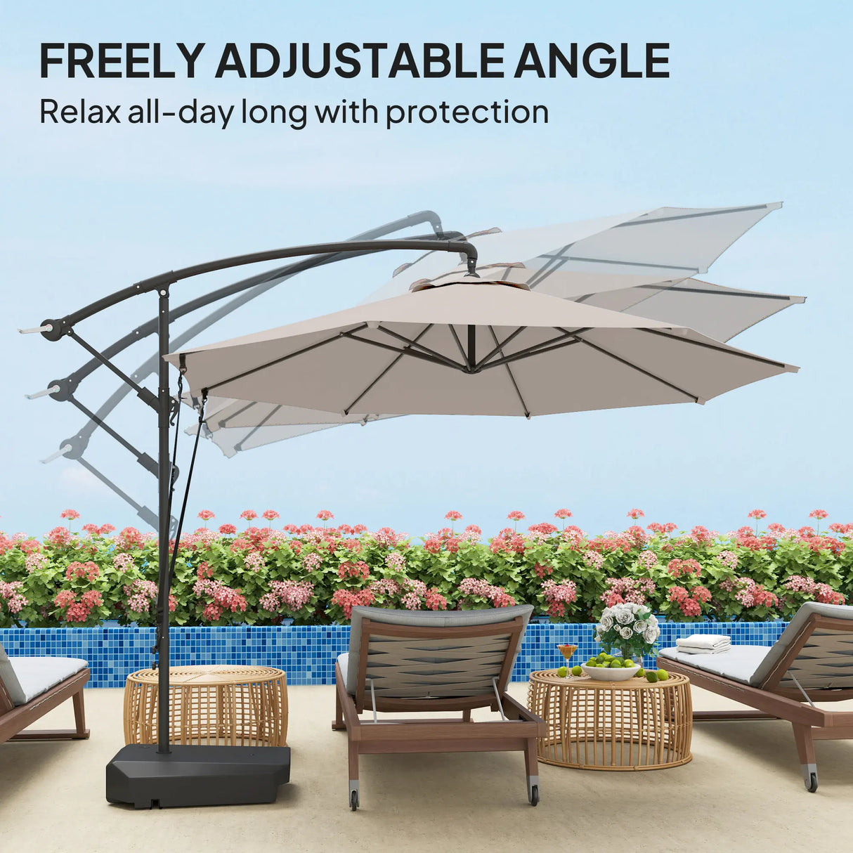 Outsunny 3(m) Garden Cantilever Parasol with Fillable Base up to 90kg, Wind Protection Strap, Cover, Round Banana Hanging Umbrella with Crank Handle and Tilt, UPF50+ Patio Umbrella, Cream